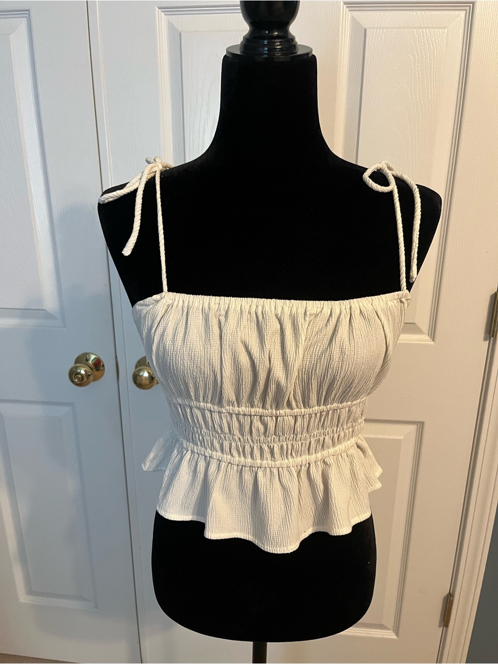Forever 21 White Smocked Tie-Shoulder Cropped Camisole